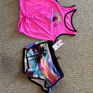 Justice Neon Pink Top and Vibrant Rainbow Shorts Set